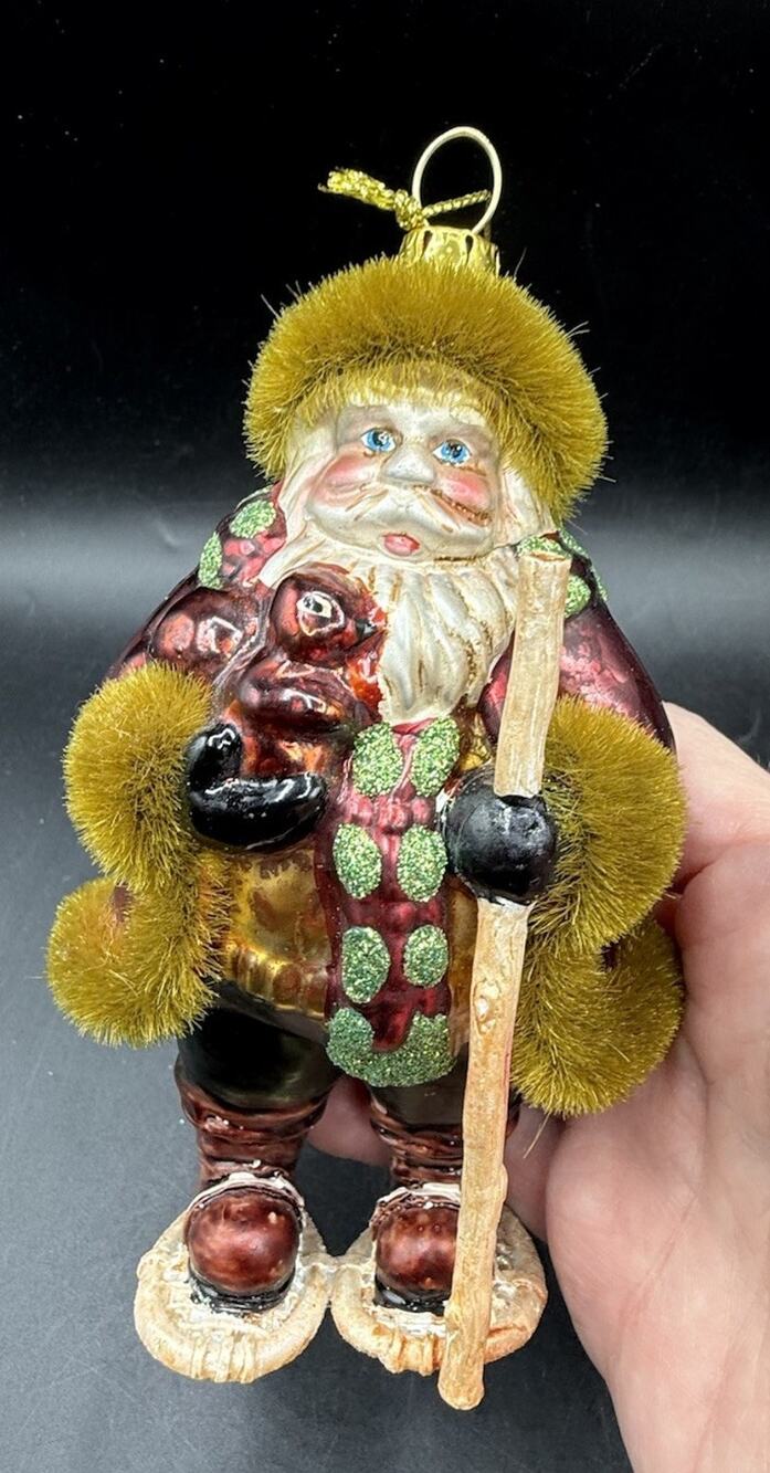 Vtg Glass Santa Ornament W Green Faux Fur Holding Squirrel Stick Snow Shoe -LO29